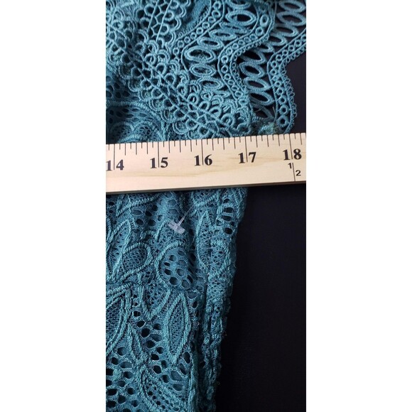 Daytrip Blouse M Teal Green Smocked Lace Mock Neck Keyhole Dainty Feminine Fall - Picture 7 of 9